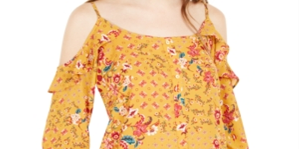Top Hippie Rose Juniors com babados e ombros descobertos, amarelo, tamanho pequeno