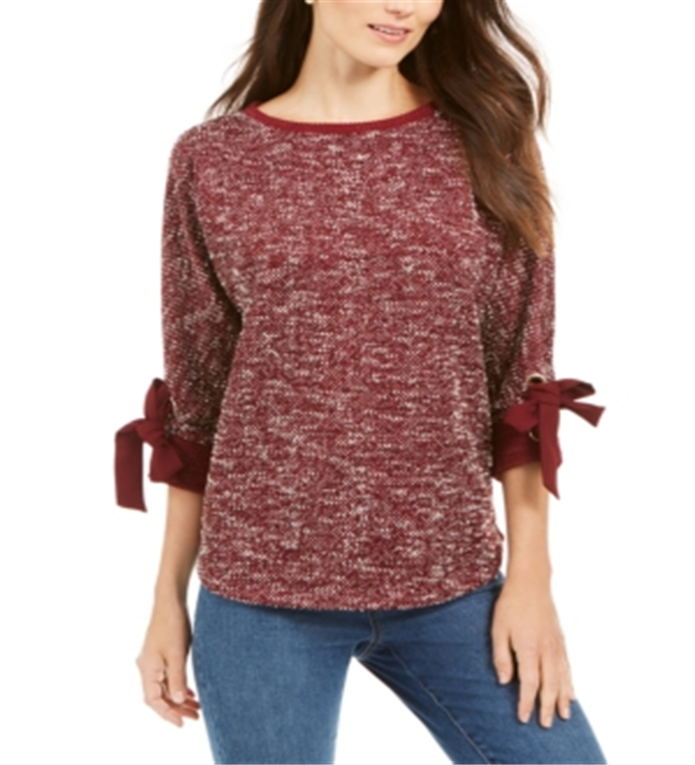 Top feminino Charter Club com manga 3/4 e acabamento em laço, vermelho, tamanho 2XL