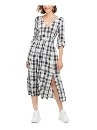 Vestido longo xadrez American Rag feminino, manga longa, com botões, tamanho pequeno, branco