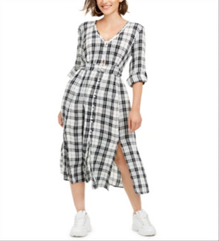 Vestido longo xadrez American Rag feminino, manga longa, com botões, tamanho pequeno, branco