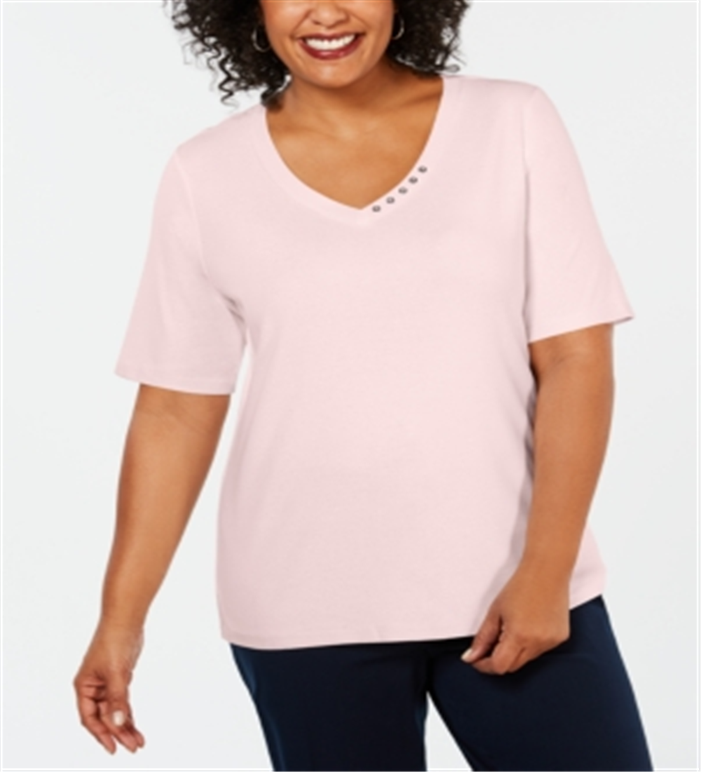 Blusa feminina Karen Scott de algodão com decote em V, rosa, tamanho 0X