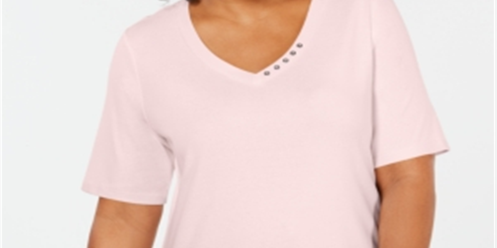 Blusa feminina Karen Scott de algodão com decote em V, rosa, tamanho 0X
