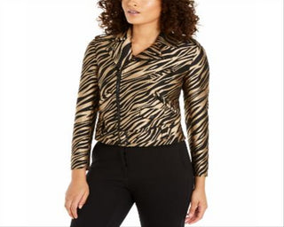 Jaqueta bolero feminina Anne Klein com zíper e cinto estampado, amarela, tamanho 10