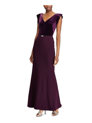 Vestido formal feminino Ralph Lauren de veludo, manga curta, decote em V, comprimento total, estilo flare, roxo, tamanho 18