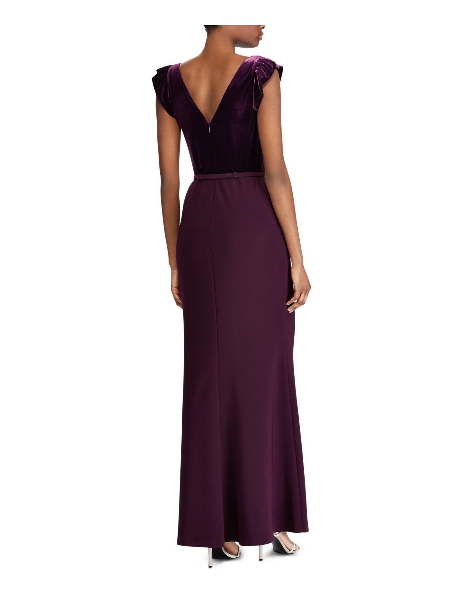 Vestido formal feminino Ralph Lauren de veludo, manga curta, decote em V, comprimento total, estilo flare, roxo, tamanho 18