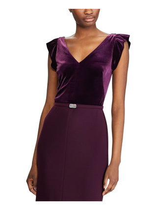 Vestido formal feminino Ralph Lauren de veludo, manga curta, decote em V, comprimento total, estilo flare, roxo, tamanho 18