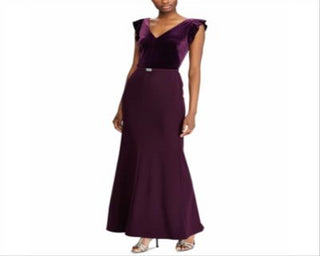 Vestido formal feminino Ralph Lauren de veludo, manga curta, decote em V, comprimento total, estilo flare, roxo, tamanho 18