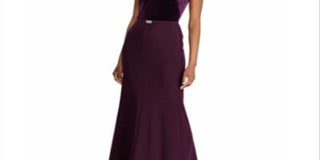 Vestido formal feminino Ralph Lauren de veludo, manga curta, decote em V, comprimento total, estilo flare, roxo, tamanho 18