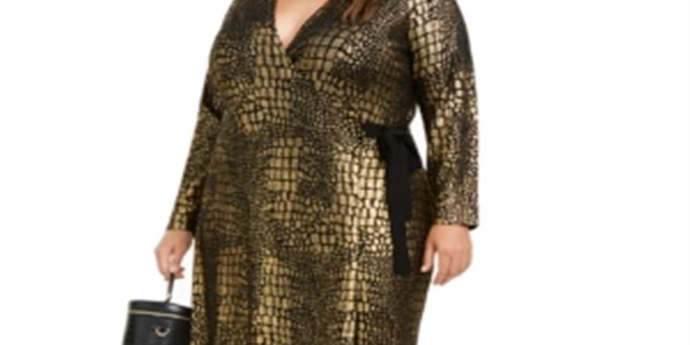 Vestido envelope metálico com estampa de cobra plus size INC feminino, dourado e preto, tamanho 3X