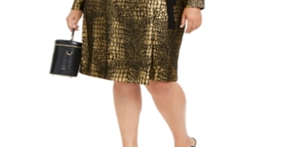 Vestido envelope metálico com estampa de cobra plus size INC feminino, dourado e preto, tamanho 3X