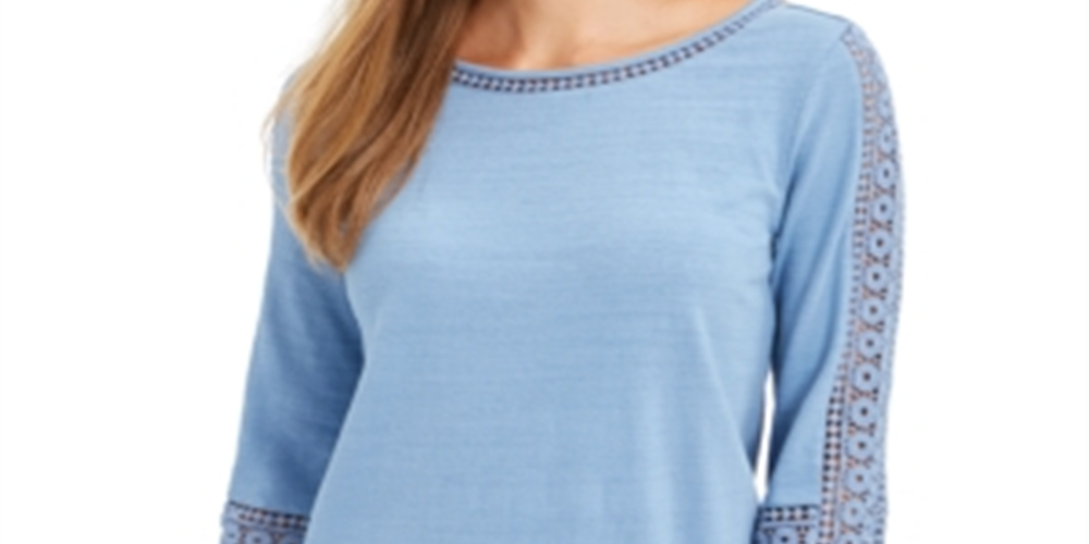 Blusa feminina de crochê com manga curta azul tamanho pequeno G da Charter Club
