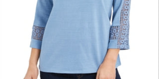 Blusa feminina de crochê com manga curta azul tamanho pequeno G da Charter Club