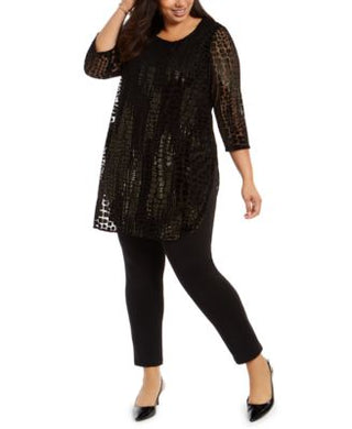 Alfani Women's Plus Size Flocked Metallic Tun Black Stone Scrolls 0X