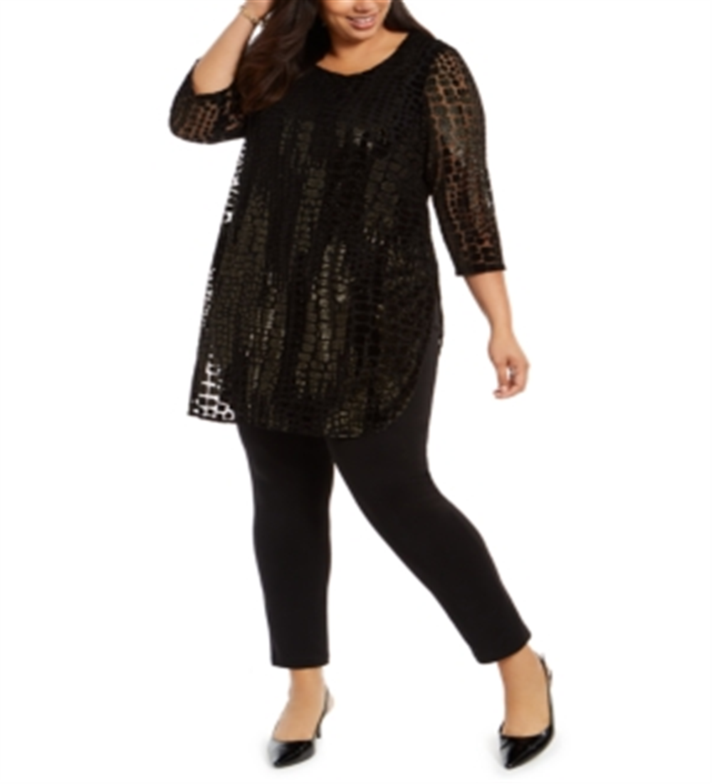 Alfani Plus Size Feminino Flocado Metálico Tun Black Stone Scrolls 0X