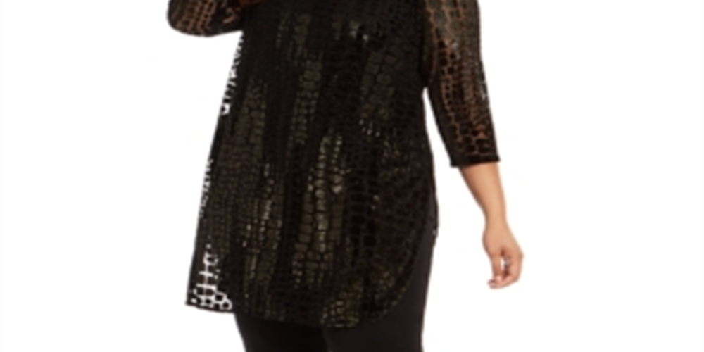 Alfani Plus Size Feminino Flocado Metálico Tun Black Stone Scrolls 0X