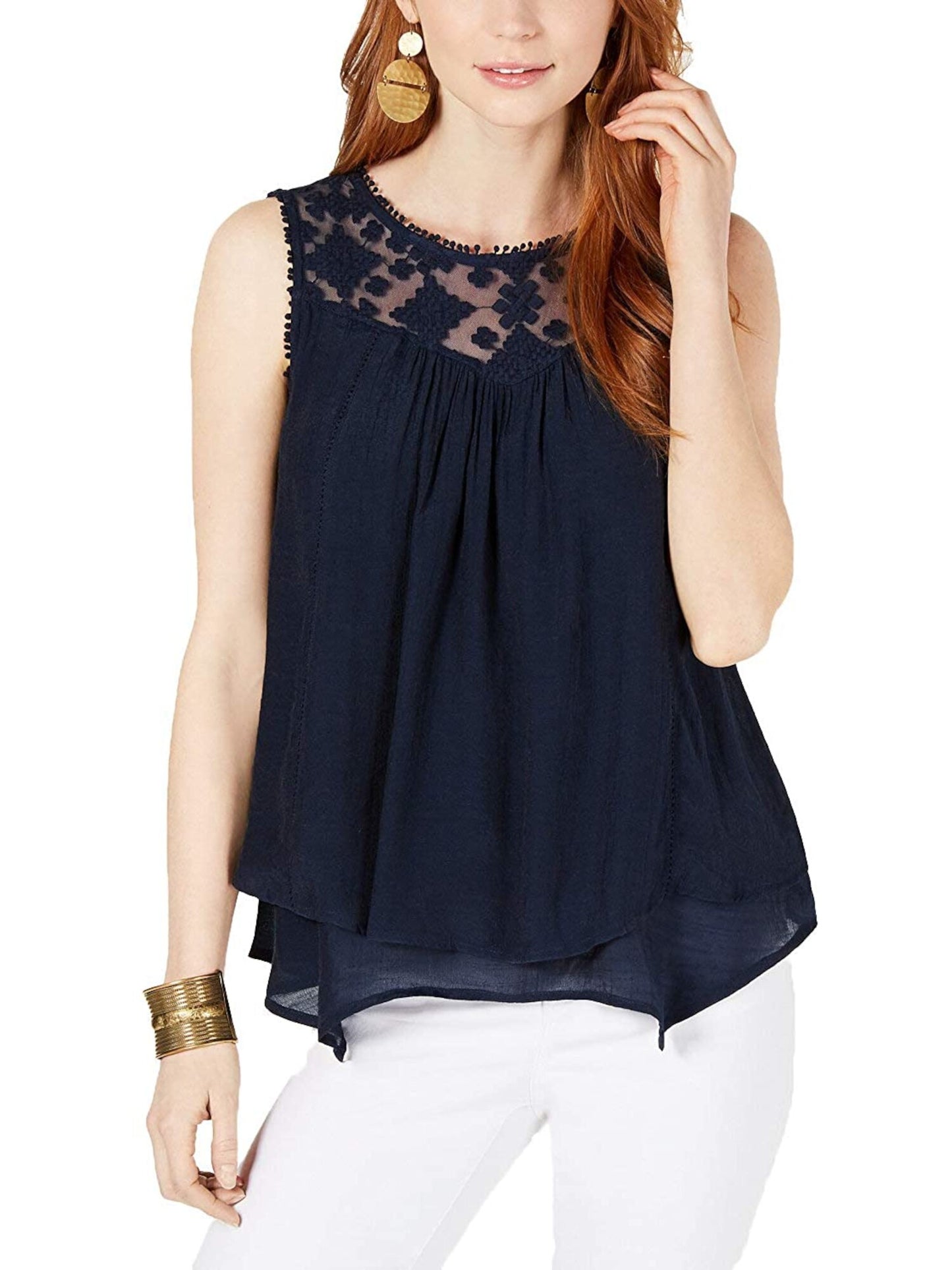 Regata feminina sem mangas com decote em joia e renda estilo &amp; CO, azul marinho, tamanho XS