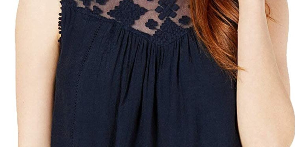 Regata feminina sem mangas com decote em joia e renda estilo &amp; CO, azul marinho, tamanho XS