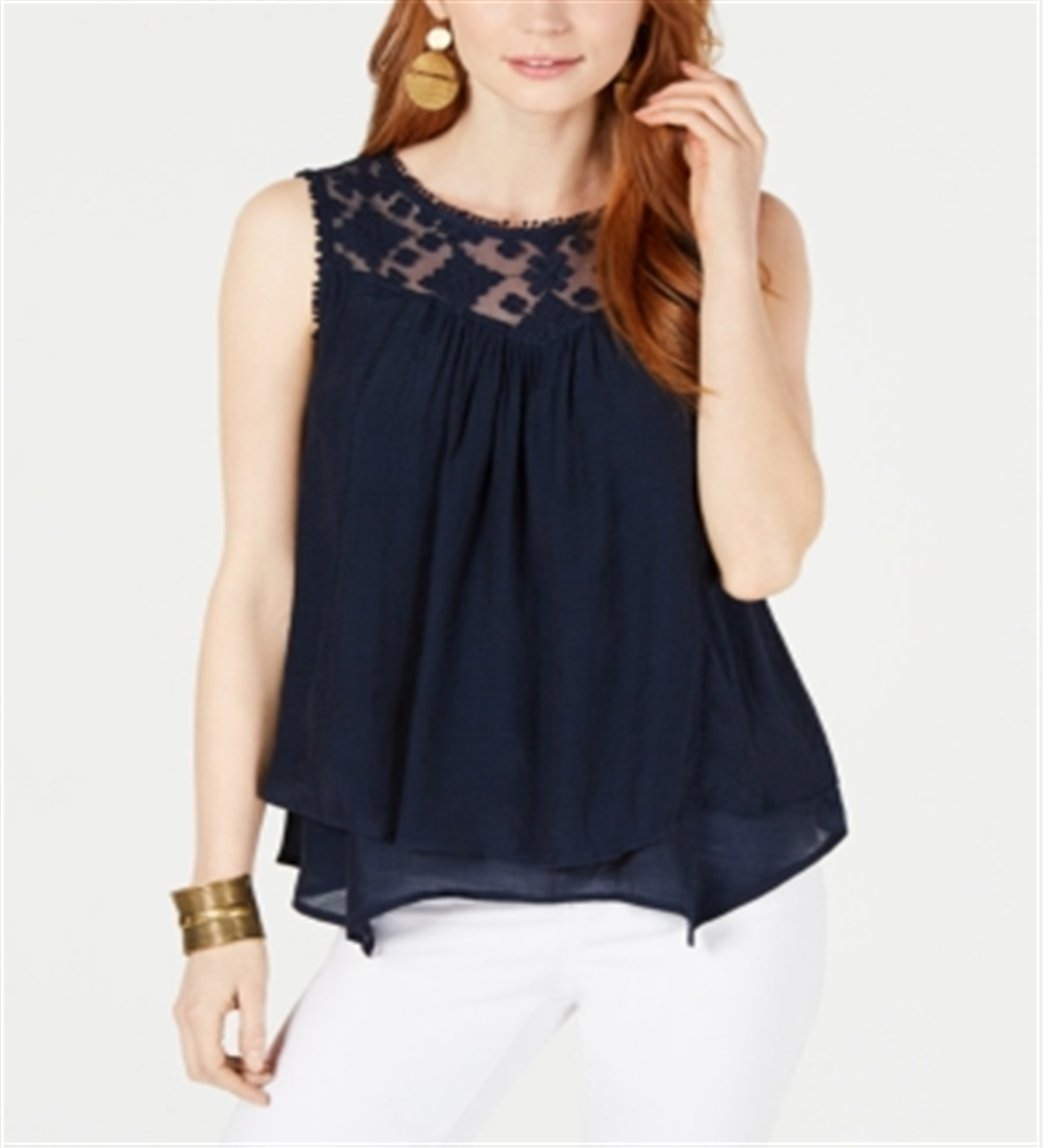 Regata feminina sem mangas com decote em joia e renda estilo &amp; CO, azul marinho, tamanho XS