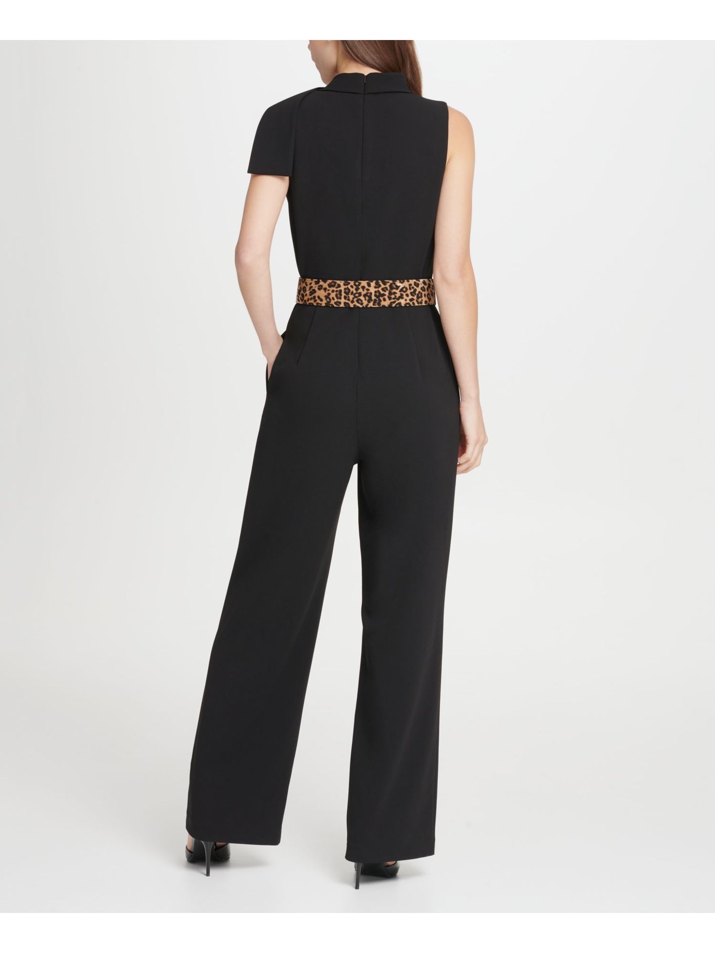 Macacão feminino DKNY com decote em V e cinto de leopardo, preto, tamanho 16