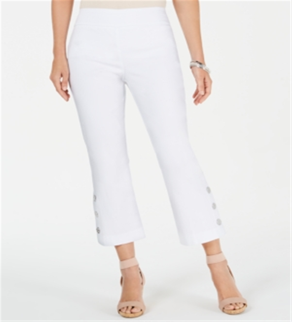 Calça flare feminina JM Collection Petite Cropped com acabamento em botões, branca brilhante, tamanho Petit S