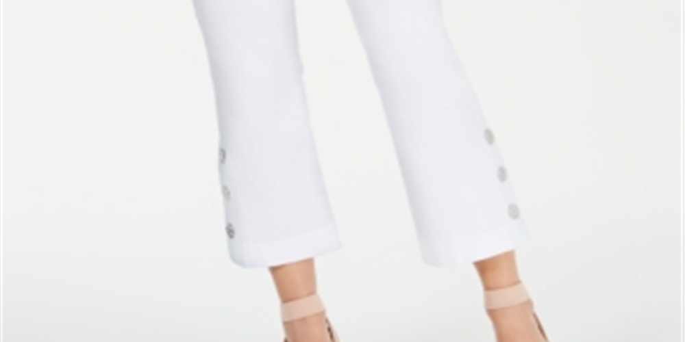 Calça flare feminina JM Collection Petite Cropped com acabamento em botões, branca brilhante, tamanho Petit S