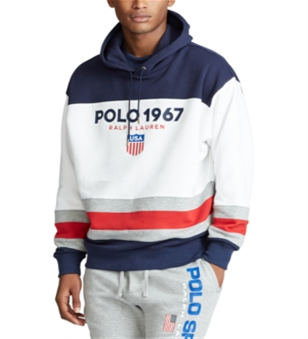 Polo Ralph Lauren Moletom com capuz masculino de lã com blocos de cores, branco, tamanho pequeno