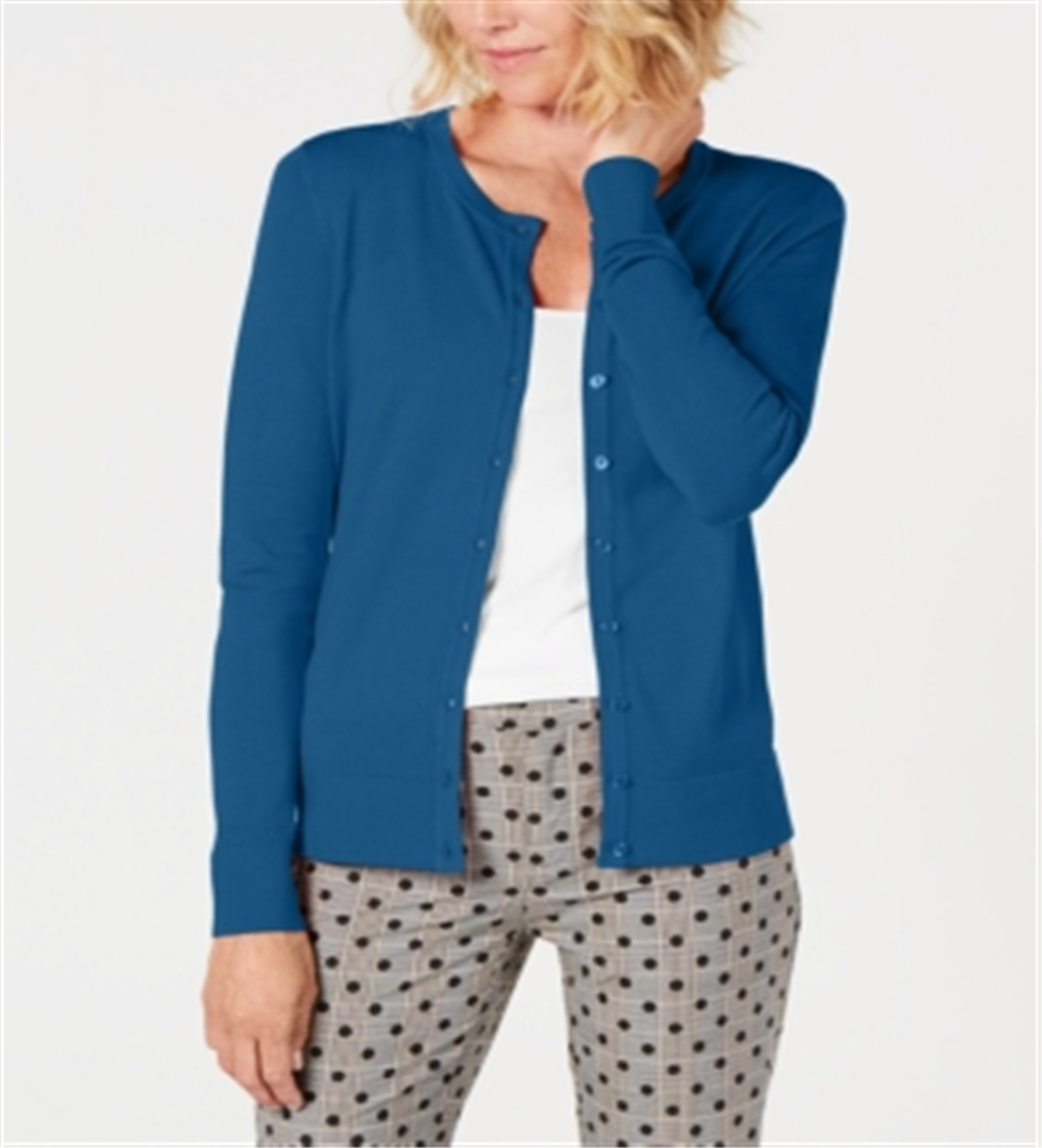 Cardigan feminino de manga comprida com botões na frente, azul, tamanho grande