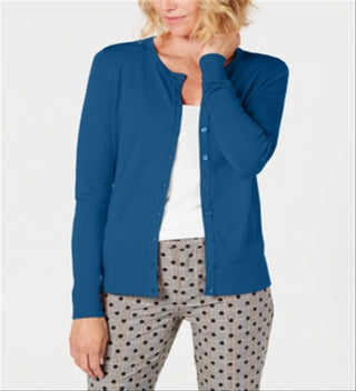 Cardigan feminino de manga comprida com botões na frente, azul, tamanho grande