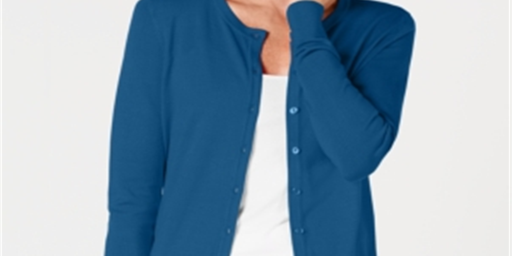 Cardigan feminino de manga comprida com botões na frente, azul, tamanho grande