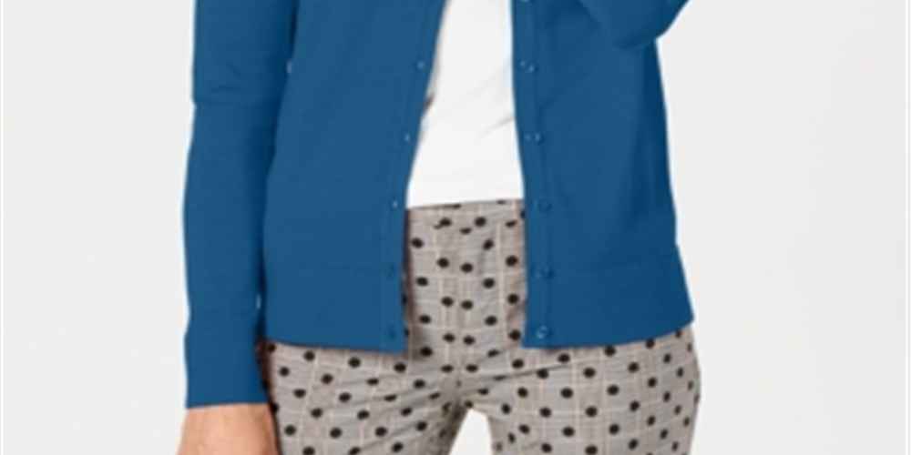 Cardigan feminino de manga comprida com botões na frente, azul, tamanho grande