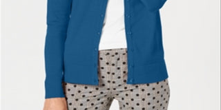 Cardigan feminino de manga comprida com botões na frente, azul, tamanho grande
