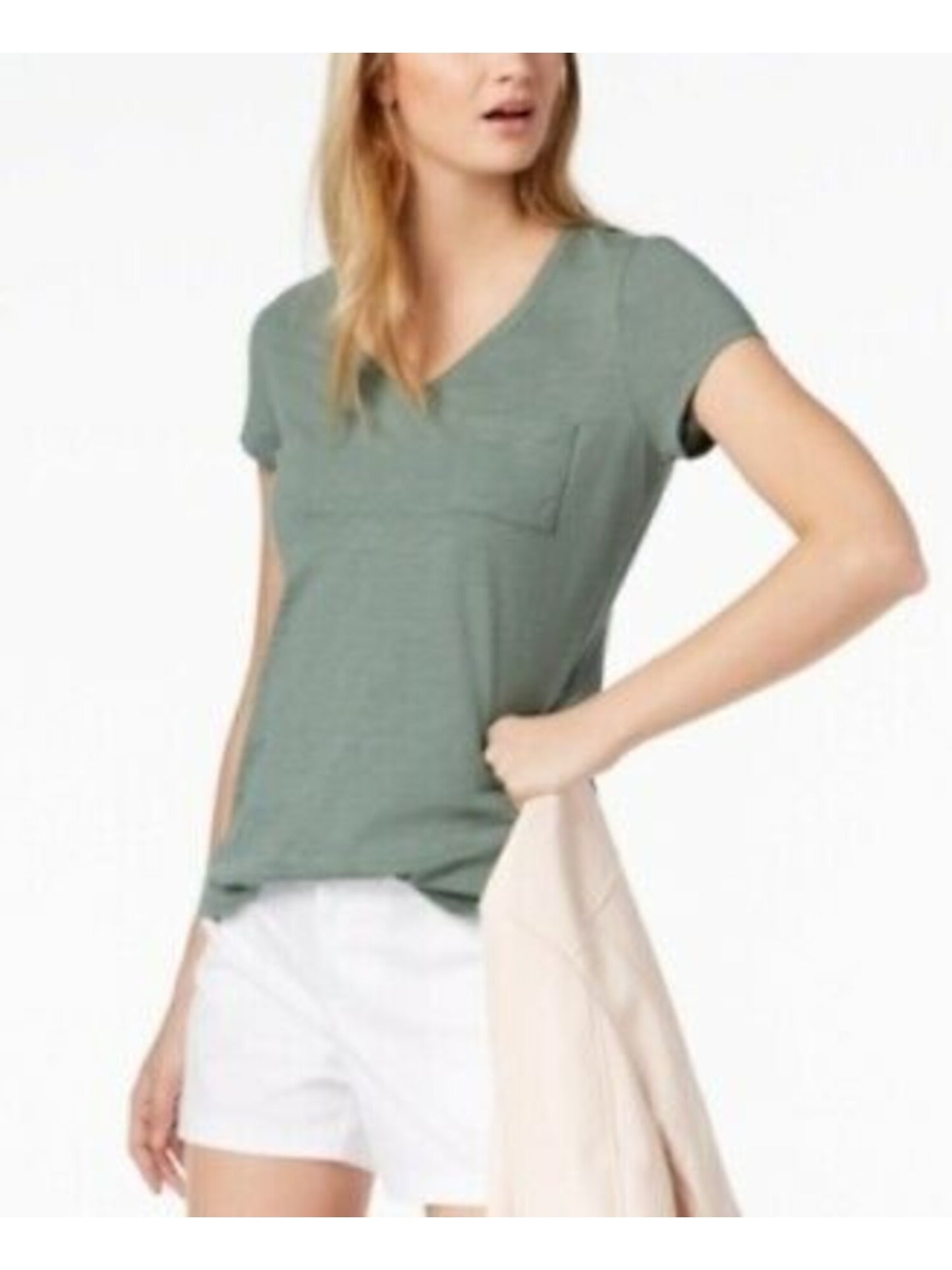 Camiseta feminina de manga curta com decote em V Maison Jules, verde, tamanho pequeno