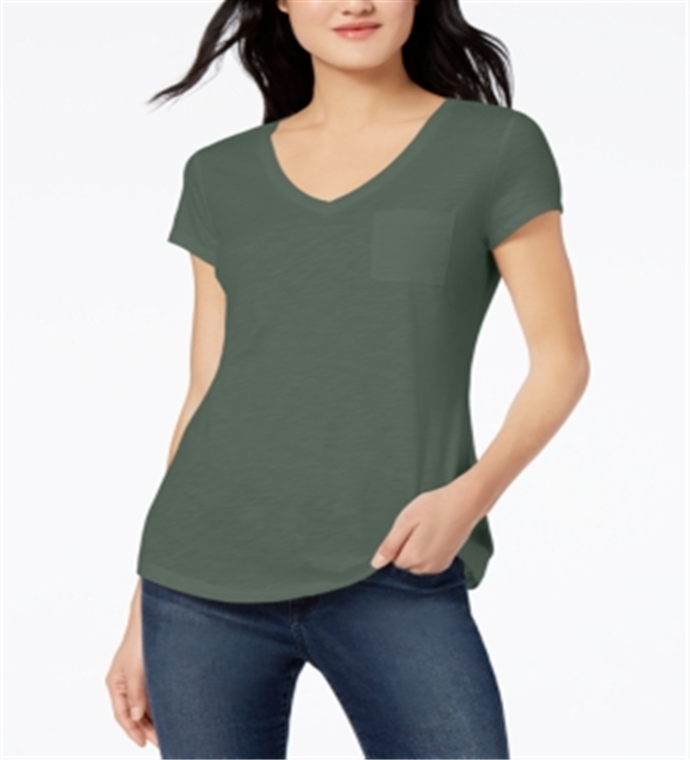 Camiseta feminina de manga curta com decote em V Maison Jules, verde, tamanho pequeno