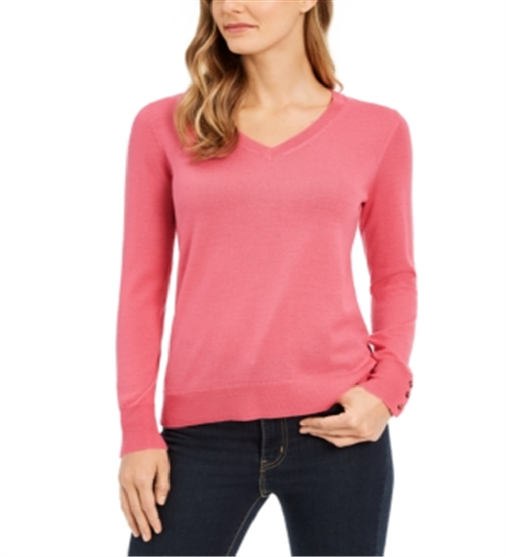 Suéter feminino de lã merino com botões e decote em V, tamanho XS, rosa, Charter Club