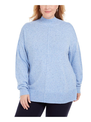 Karen Scott Suéter Feminino Plus Size Gola Alta com Acabamento Canelado e Salpicado Azul Tamanho 1X