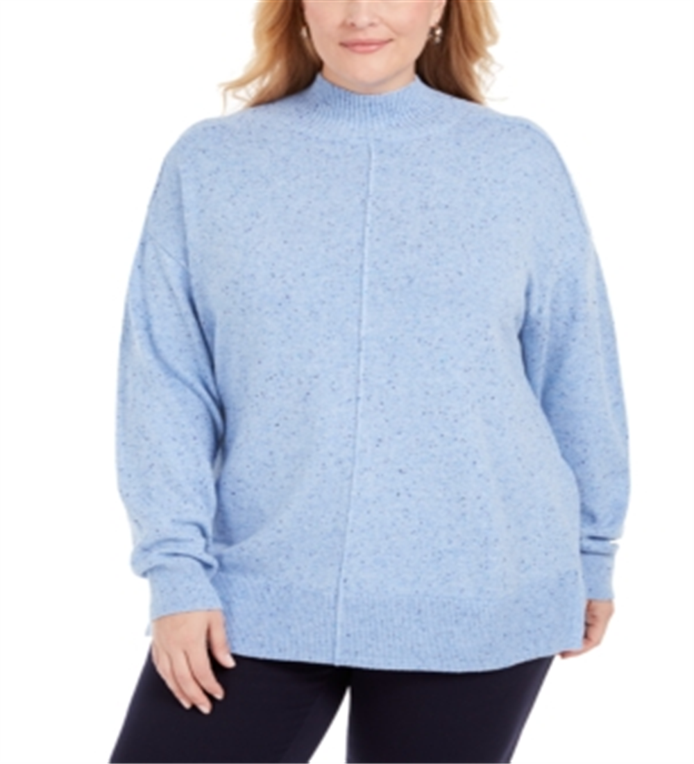 Karen Scott Suéter Feminino Plus Size Gola Alta com Acabamento Canelado e Salpicado Azul Tamanho 1X
