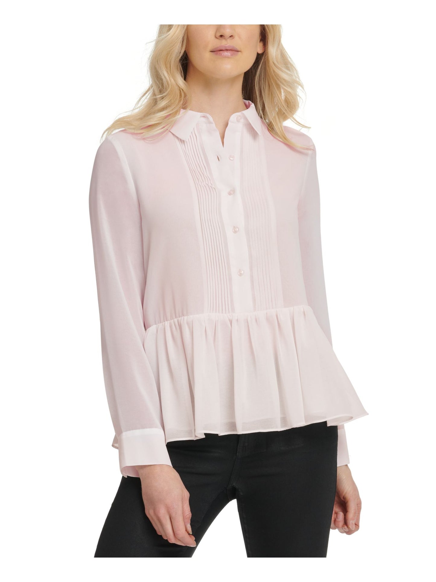 Blusa feminina DKNY com botões, manga comprida e gola, rosa, tamanho G