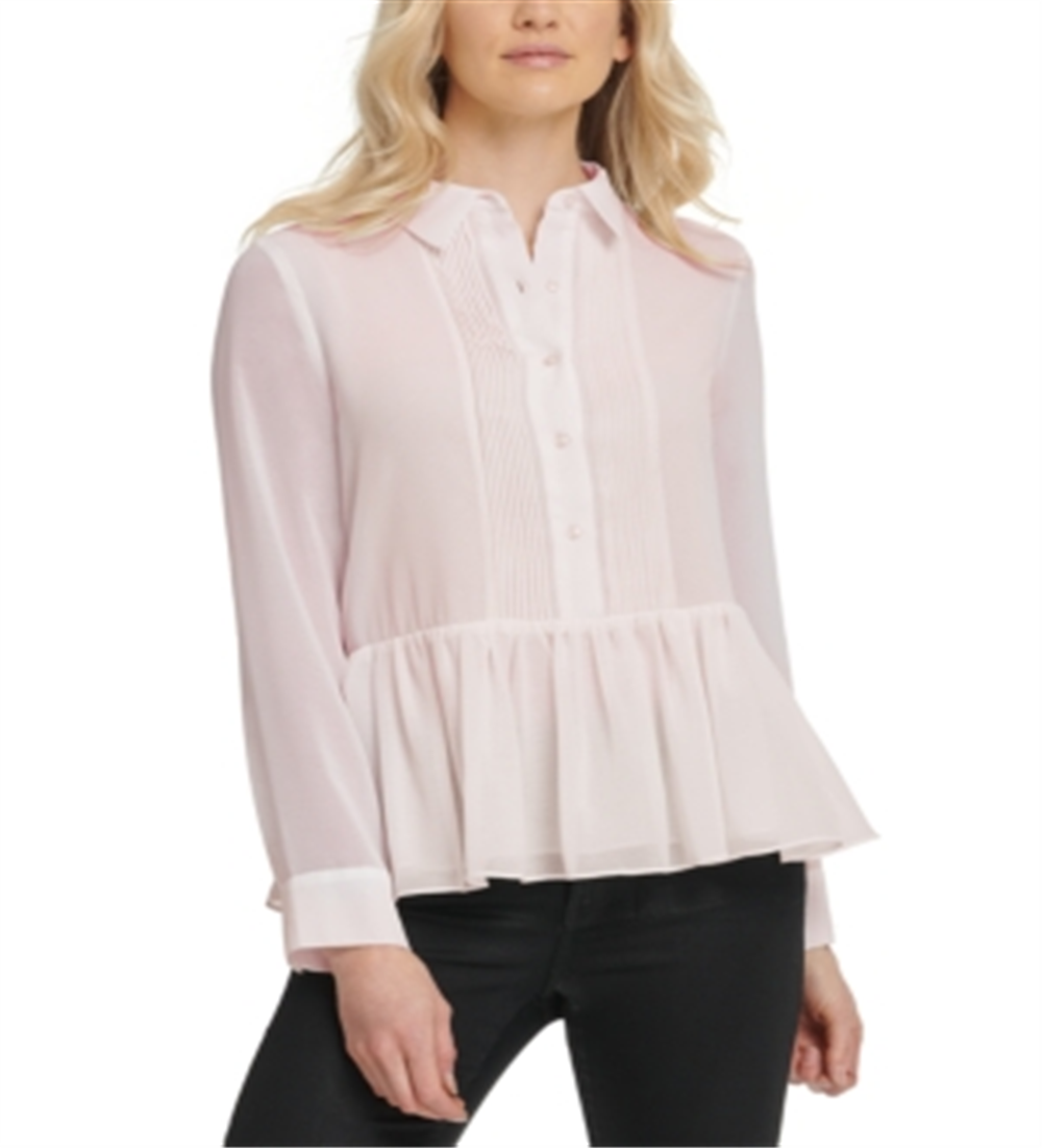 Blusa feminina DKNY com botões, manga comprida e gola, rosa, tamanho G