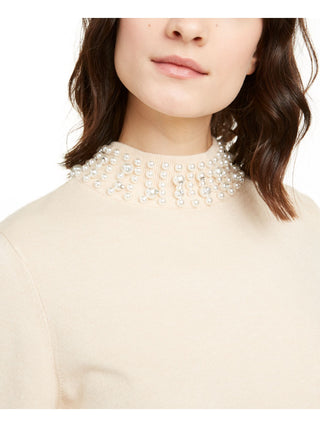 Suéter feminino Alfani Petite com decote redondo e detalhes embelezados - Marrom manteiga de cacau, tamanho Petite G