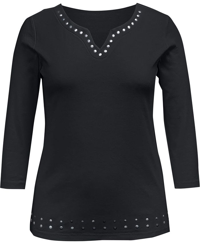 Karen Scott Top Feminino de Algodão com Gola Dividida e Ilhós - Preto Tamanho P