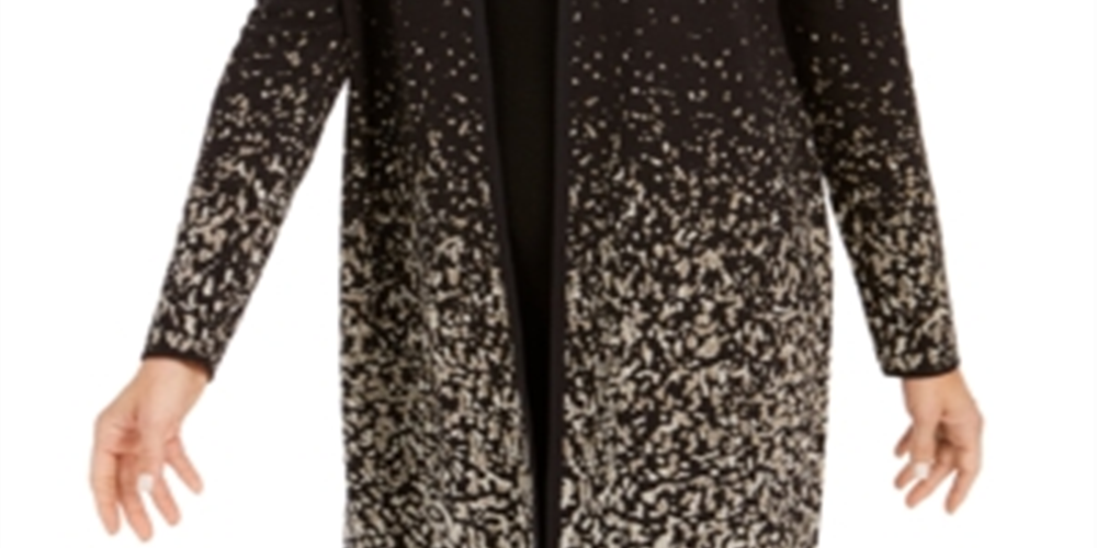 Cardigan feminino com estampa metálica e abertura frontal, preto profundo, tamanho XS, da coleção JM