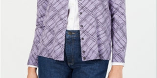 Karen Scott Cardigan Xadrez Pamela Feminino Petite - Roxo Tamanho Petite S
