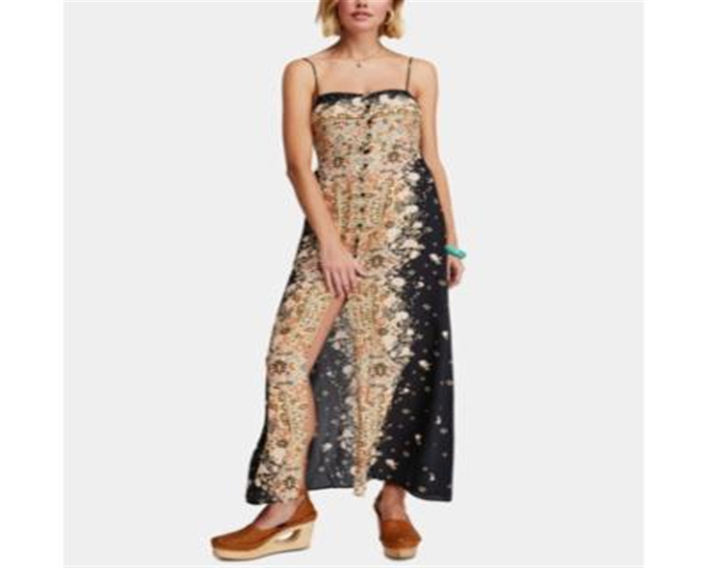 Vestido longo estampado sem mangas feminino Free People, preto, tamanho XS