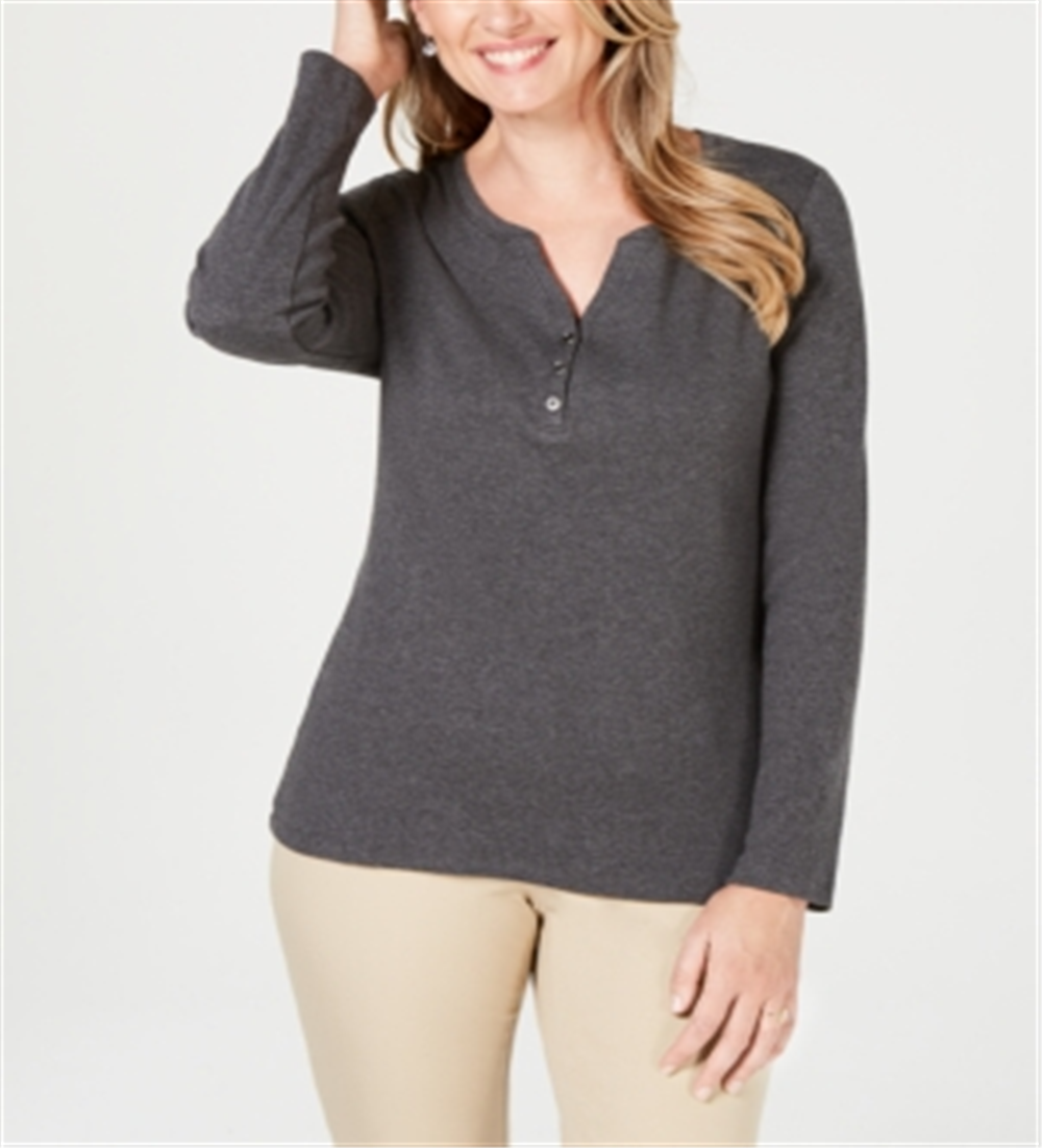 Karen Scott Blusa feminina de algodão com gola Henley - Preto mesclado, tamanho pequeno M