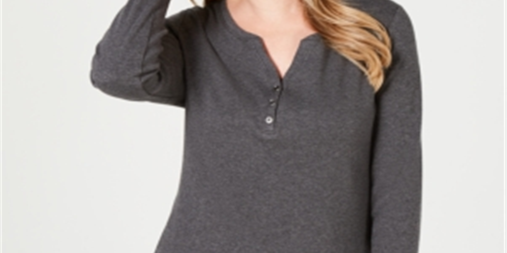 Karen Scott Blusa feminina de algodão com gola Henley - Preto mesclado, tamanho pequeno M