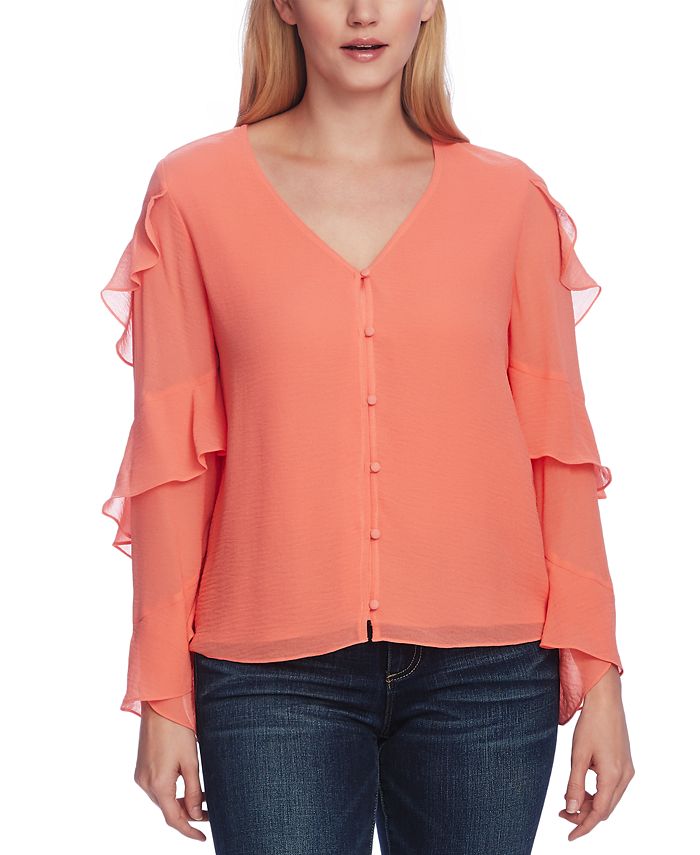 Blusa feminina Vince Camuto de chiffon com babados, laranja, tamanho XXS