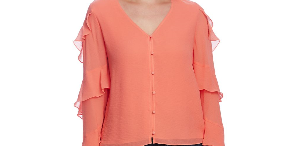 Blusa feminina Vince Camuto de chiffon com babados, laranja, tamanho XXS