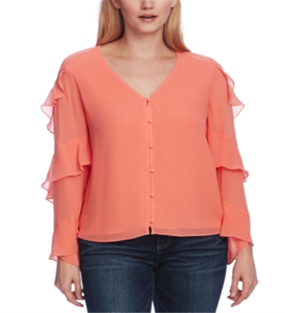 Blusa feminina Vince Camuto de chiffon com babados, laranja, tamanho XXS
