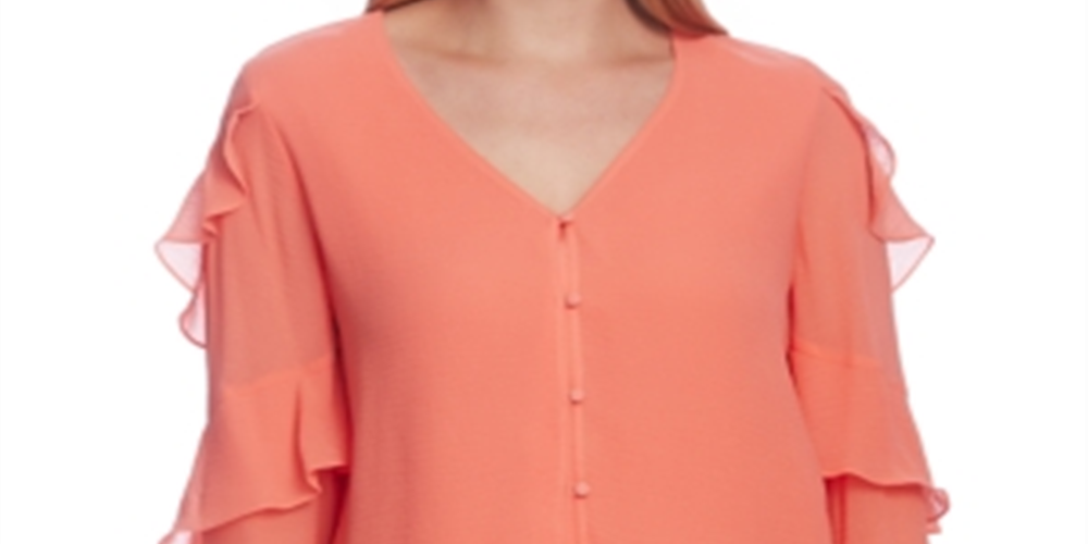 Blusa feminina Vince Camuto de chiffon com babados, laranja, tamanho XXS