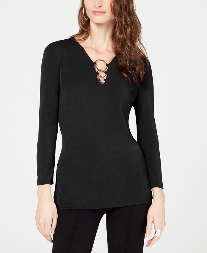 INC International Concepts Top feminino com decote em V e anel O, azul, tamanho extragrande